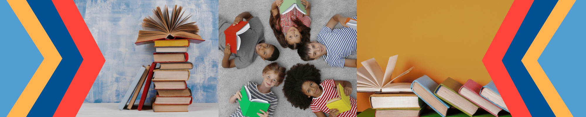 Collage of books and children reading them